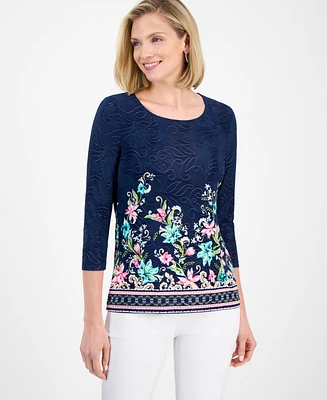 Jm Collection Women's Printed Jacquard 3/4-Sleeve Top, Exclusively at Macy's