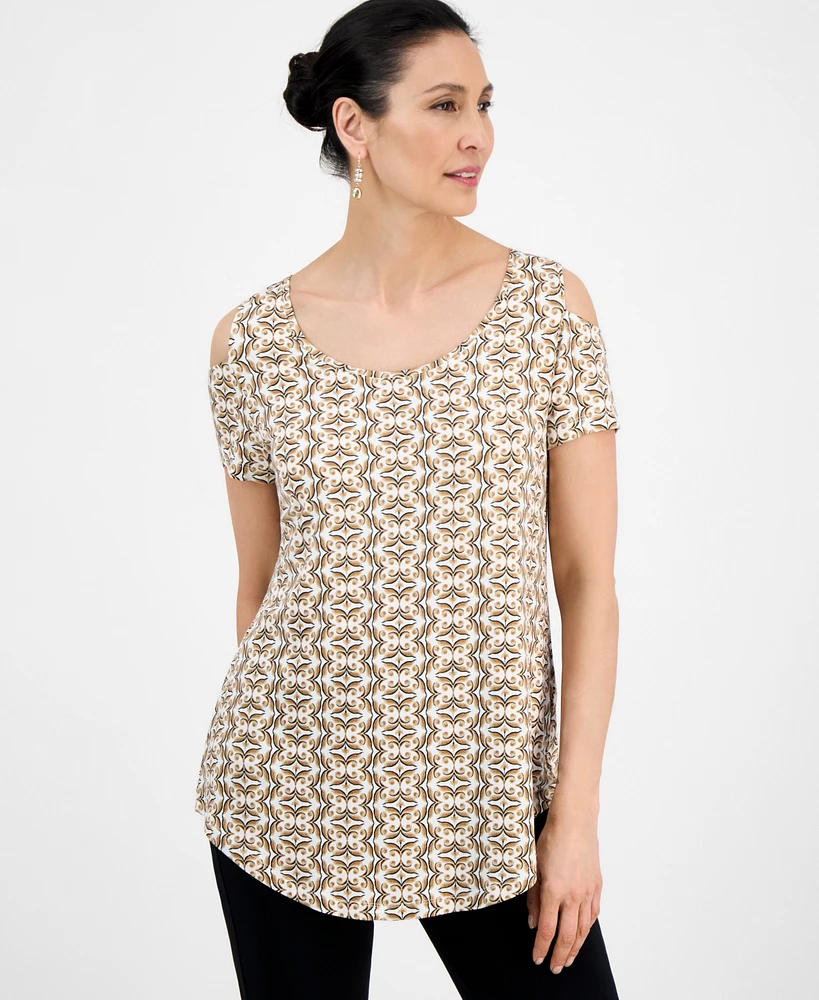 Jm Collection Women's Printed Short-Sleeve Cold-Shoulder Top, Exclusively at Macy's