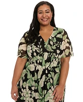 London Times Plus Floral-Print Smocked Maxi Dress