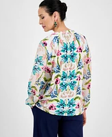 Jm Collection Women's Printed Tie-Neck Long-Sleeve Blouse, Exclusively at Macy's