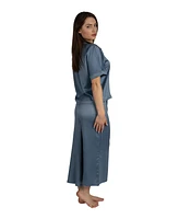Tahari Women's 2 Piece Satin Short Sleeve Relaxed Notch Collar Top and Capri Pants Pajama Set