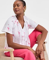 Charter Club Women's Linen Woven Flamingo Split-Neck Peasant Top, Exclusively at Macy's