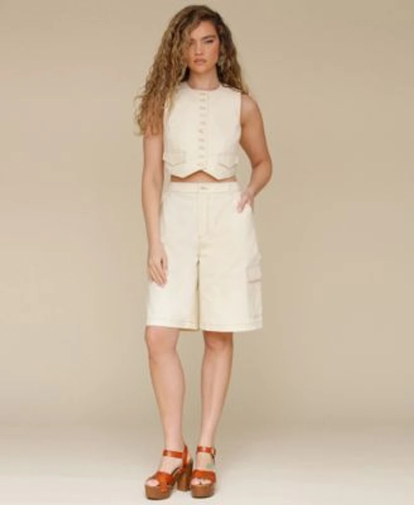 Avec Les Filles Womens Crewneck Cropped Top Long Cargo Shorts