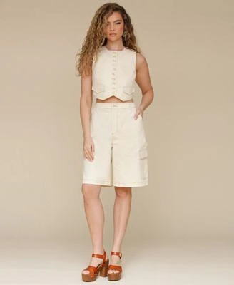 Avec Les Filles Womens Crewneck Cropped Top Long Cargo Shorts