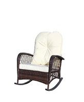 Outdoor wicker rocking chair with cushion, Patio, garden, backyard, Beige