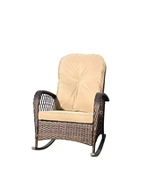 Outdoor wicker rocking chair, wide seat, thick cushion, steel frame, brown cushion