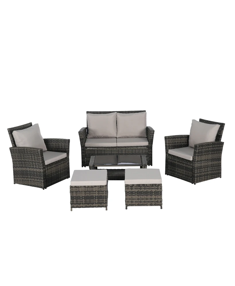 6 Piece Wicker Patio Furniture Sets with Ottoman & Tempered Glass Coffee Table