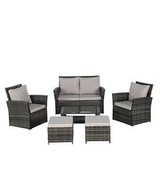 6 Piece Wicker Patio Furniture Sets with Ottoman & Tempered Glass Coffee Table