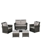 6 Piece Wicker Patio Furniture Sets with Ottoman & Tempered Glass Coffee Table