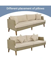 6-Pc Wicker Sofa Set, Outdoor rattan, double cushions, wood legs & table, brown