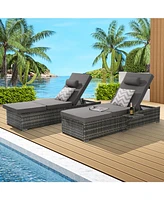 Outdoor chaise lounge set (2) with storage, adjustable backrests, table