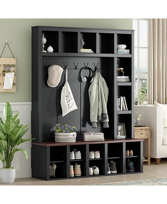 Farmhouse Hall Tree with 6 Hooks, Bench, Shelves, and 13 Cubbies