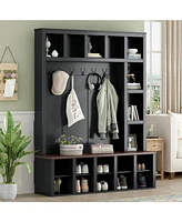 Farmhouse Hall Tree with 6 Hooks, Bench, Shelves, and 13 Cubbies