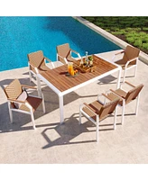 7pc Patio Dining Set, Wicker chairs, acacia tabletop, brown rattan