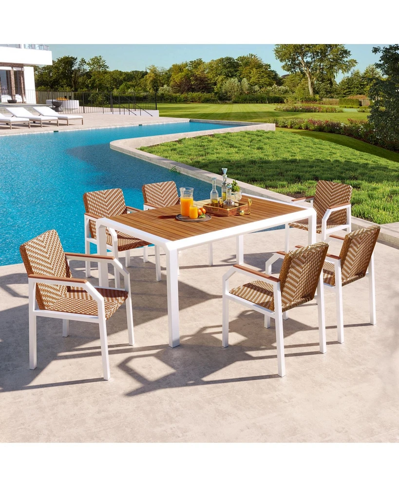 7pc Patio Dining Set, Wicker chairs, acacia tabletop, brown rattan