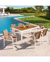 7pc Patio Dining Set, Wicker chairs, acacia tabletop, brown rattan