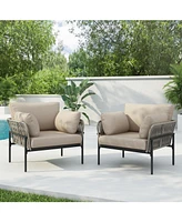 Set of 2 Beige Iron Lounge Chairs w/ Cushions, Indoor/Outdoor