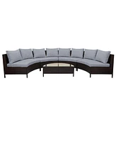 5-Piece Brown Wicker Patio Half-Moon Sofa Set with Gray Cushions