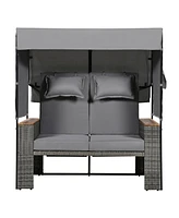 2-Piece Outdoor Rattan Daybed, Loveseat Sofa with Bench, Lounge Roof, Cushions (Grey)