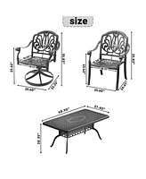 7-Piece Cast Aluminum Dining Set, 2 Swivel, 4 Chairs, Rectangular Table, Black Frame