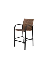 3-Piece Outdoor Rattan Bar Set, Glass Table, Wicker Stools, Brown