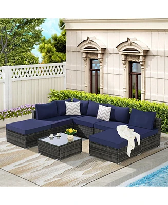 8-Piece Outdoor Wicker Patio Sofa Set w/ Washable Cushions & Glass Table