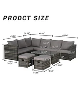6pc Outdoor Patio Set, Wicker Sofa, Glass Table, Cushions & Pillows