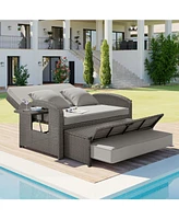 Pe Wicker Double Chaise Lounge, Reclining, Cushions, Cover, Gray