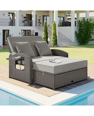 Pe Wicker Double Chaise Lounge, Reclining, Cushions, Cover, Gray