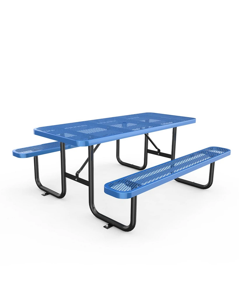 72" Expanded Metal Rectangular Picnic Table, Blue With Umbrella Hole