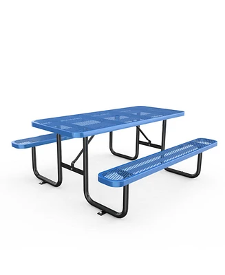 72" Expanded Metal Rectangular Picnic Table, Blue With Umbrella Hole