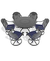 7-Pc Cast Aluminum Dining Set, 6 Swivel Chairs, 47" Round Table, Black Frame
