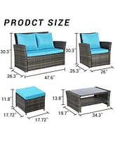 6 Piece Wicker Patio Furniture Sets with Ottoman & Tempered Glass Coffee Table