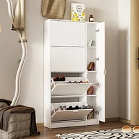 4-tier chest of drawers with metal handles and a side cabinet, white wooden shoe rack with adjustable partitions, mirrored doors