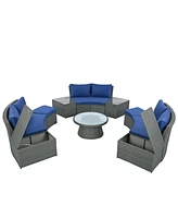 10-Pc Half-Round Rattan Patio Sofa Set, Free Combo, Blue