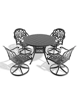 5-pc Cast Aluminum Dining Set, 4 Swivel Chairs, 39" Round Table, Black Frame