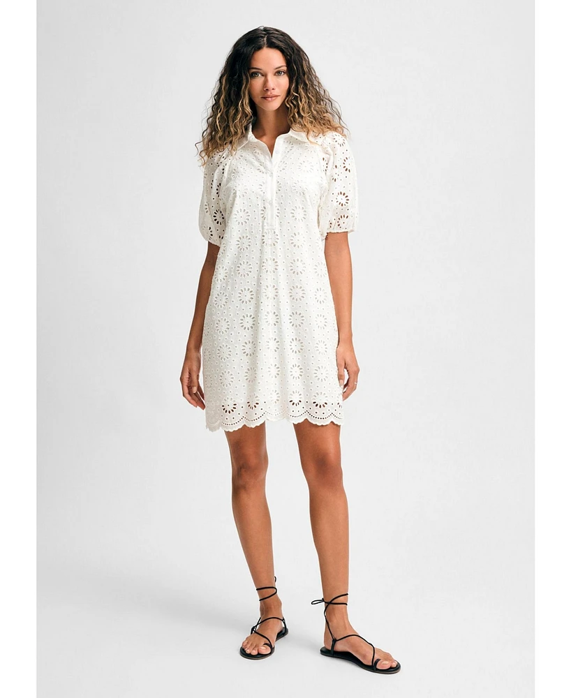 Isaac Mizrahi Women's Eyelet Short Puff Sleeve Shirt Dress