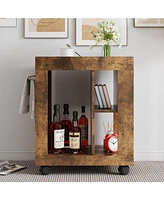 Mid-century modern style movable side cabinet for sofa, household brown trolley storage locker and shelf for living room