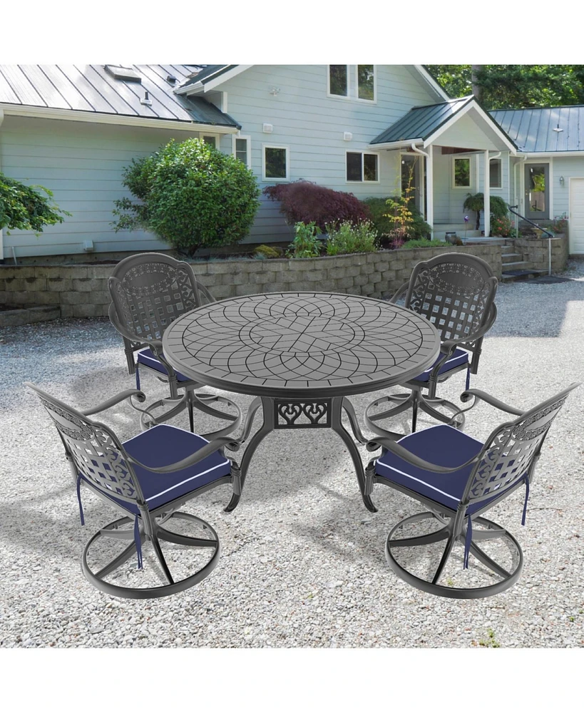 5-Pc Cast Aluminum Dining Set, 4 Swivel Chairs, 47" Round Table
