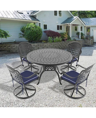 5-Pc Cast Aluminum Dining Set, 4 Swivel Chairs, 47" Round Table