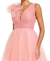 Mac Duggal Women's Ruffle Shoulder V Neck Ombre Tulle Ballgown
