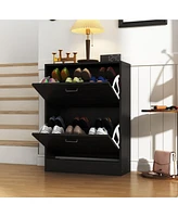The black 2-door wooden shoe cabinet and fashionable shutter door design, sturdy and durable, efficient and stored, and enhance the aesthetics of the