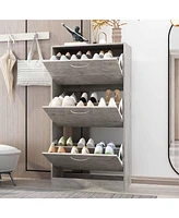 Wooden 3-door grey shoe cabinet, shutter door drawers, multi-purpose shoe rack with adjustable shelves