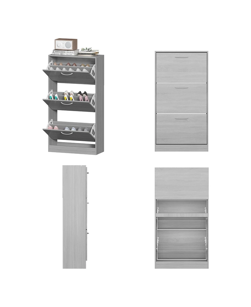 Wooden 3-door grey shoe cabinet, shutter door drawers, multi-purpose shoe rack with adjustable shelves