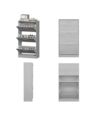 Wooden 3-door grey shoe cabinet, shutter door drawers, multi-purpose shoe rack with adjustable shelves