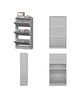 Wooden 3-door grey shoe cabinet, shutter door drawers, multi-purpose shoe rack with adjustable shelves