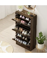 Wooden 3-door yellow shoe cabinet, shutter door drawers, multi-purpose rack with adjustable shelves