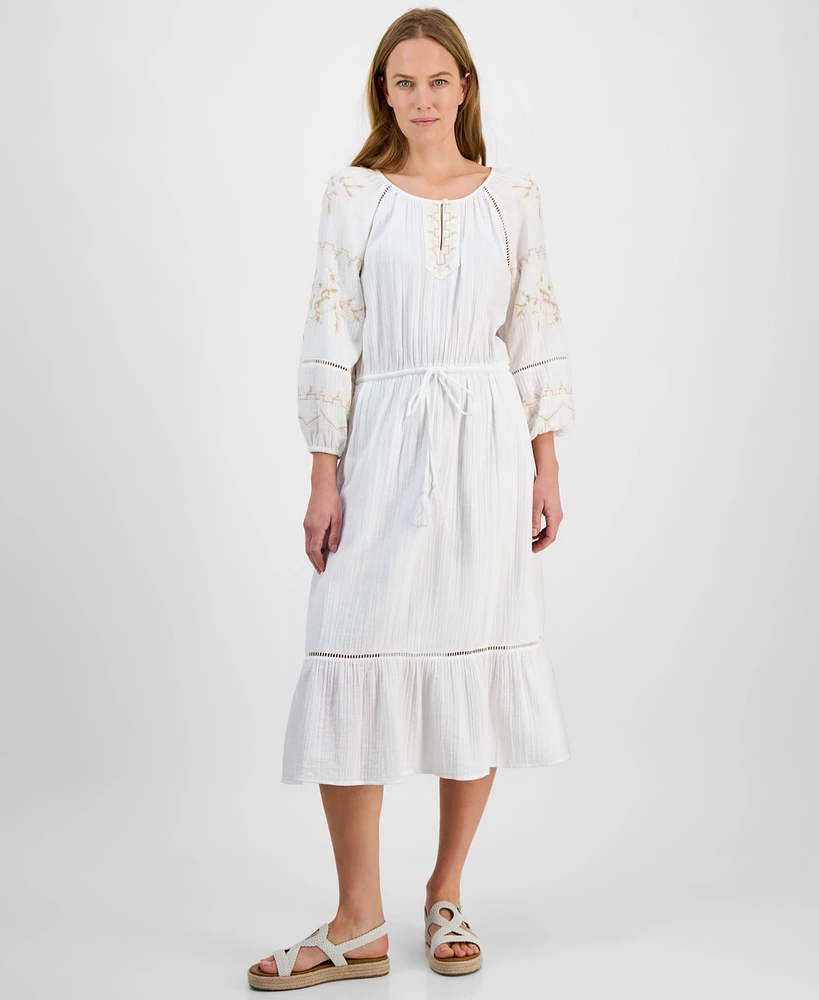 Style & Co Petite Cotton Embroidered Ladder-Trim Midi Dress, Exclusively at Macy's