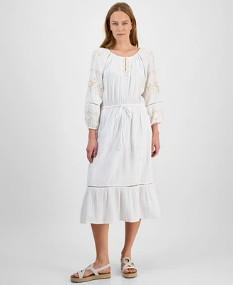 Style & Co Petite Cotton Embroidered Ladder-Trim Midi Dress, Exclusively at Macy's