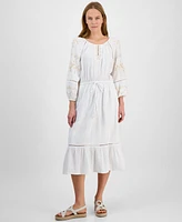 Style & Co Petite Cotton Embroidered Ladder-Trim Midi Dress, Exclusively at Macy's